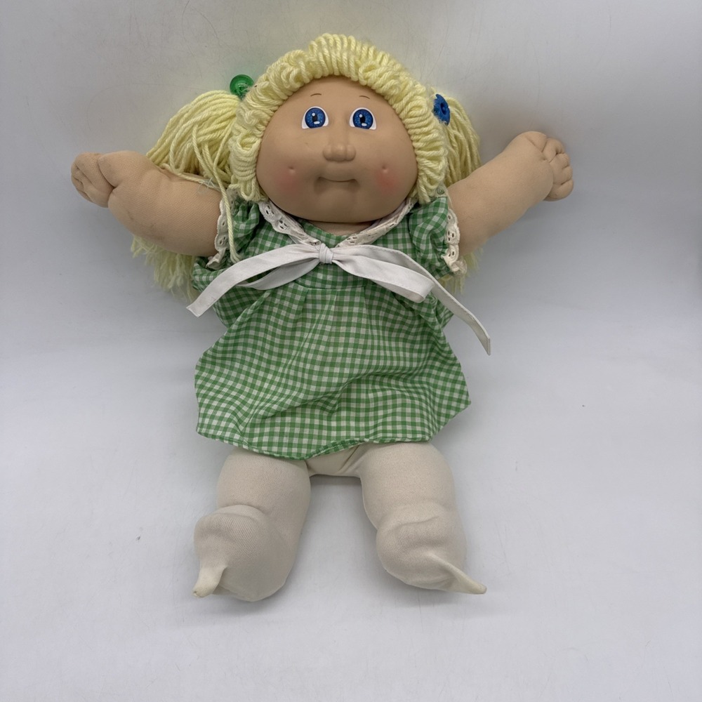 Vintage Cabbage Patch Doll Blonde Ponytails Blue Eyes Dimples Green Plaid Dress